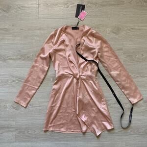 Prettylittlething Nude Satin Long Sleeve Wrap Dress 2